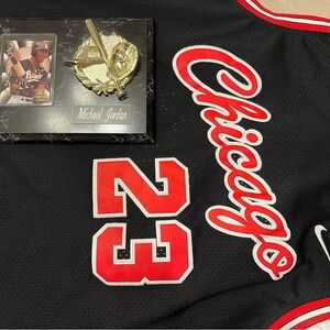 3 separate items/bundle together Jordan NBA jersey, baseballcard, bulls backpack